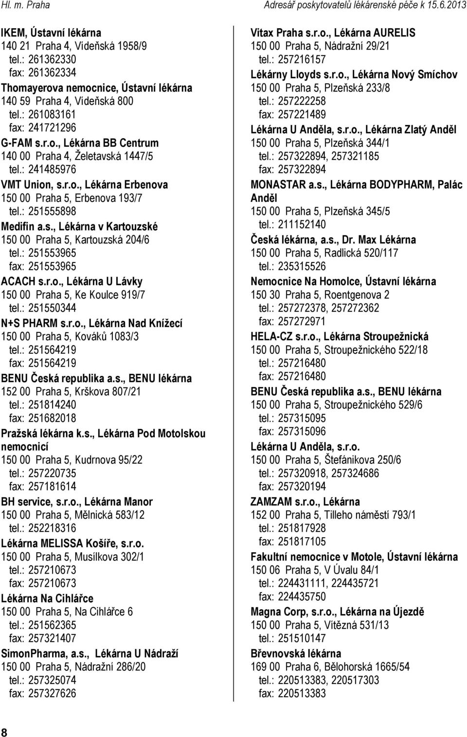 : 241485976 VMT Union, s.r.o., Erbenova 150 00 Praha 5, Erbenova 193/7 tel.: 251555898 Medifin a.s., v Kartouzské 150 00 Praha 5, Kartouzská 204/6 tel.: 251553965 fax: 251553965 ACACH s.r.o., U Lávky 150 00 Praha 5, Ke Koulce 919/7 tel.