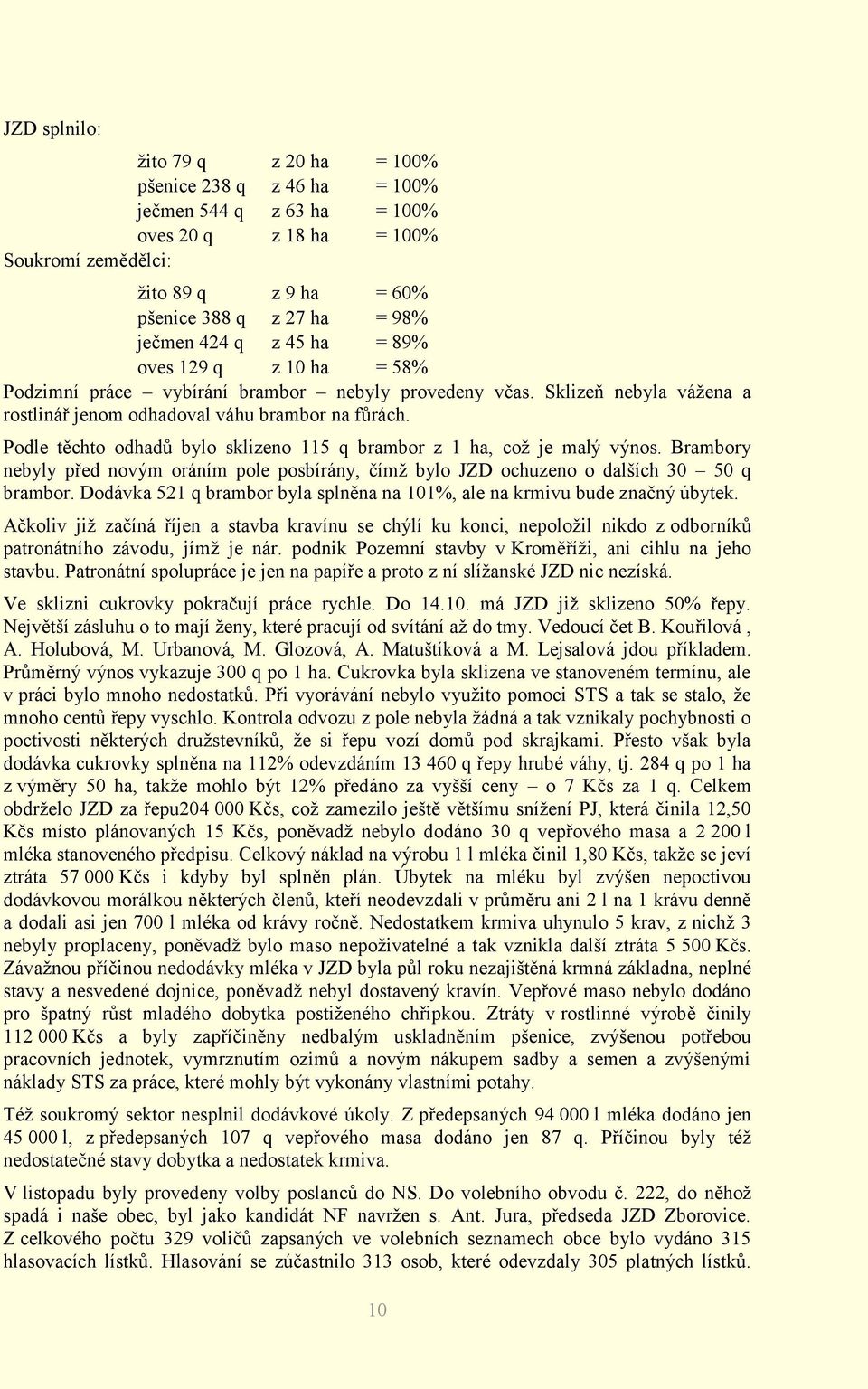Podle těchto odhadů bylo sklizeno 115 q brambor z 1 ha, což je malý výnos. Brambory nebyly před novým oráním pole posbírány, čímž bylo JZD ochuzeno o dalších 30 50 q brambor.