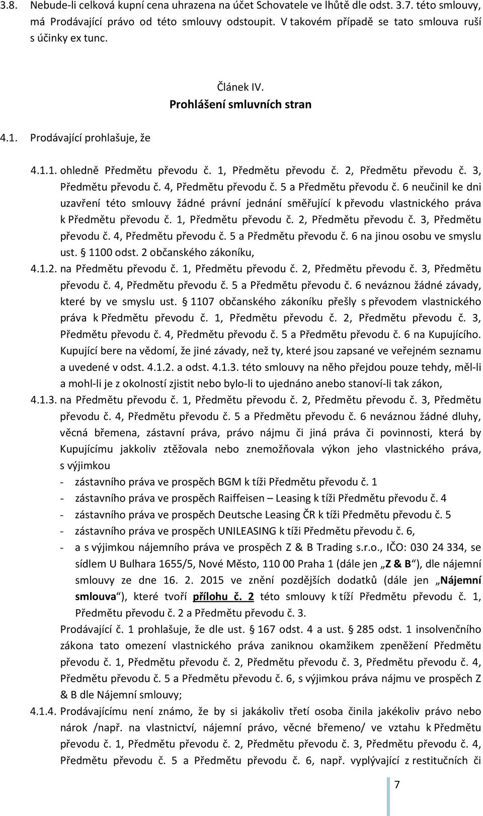 2, Předmětu převodu č. 3, Předmětu převodu č. 4, Předmětu převodu č. 5 a Předmětu převodu č.