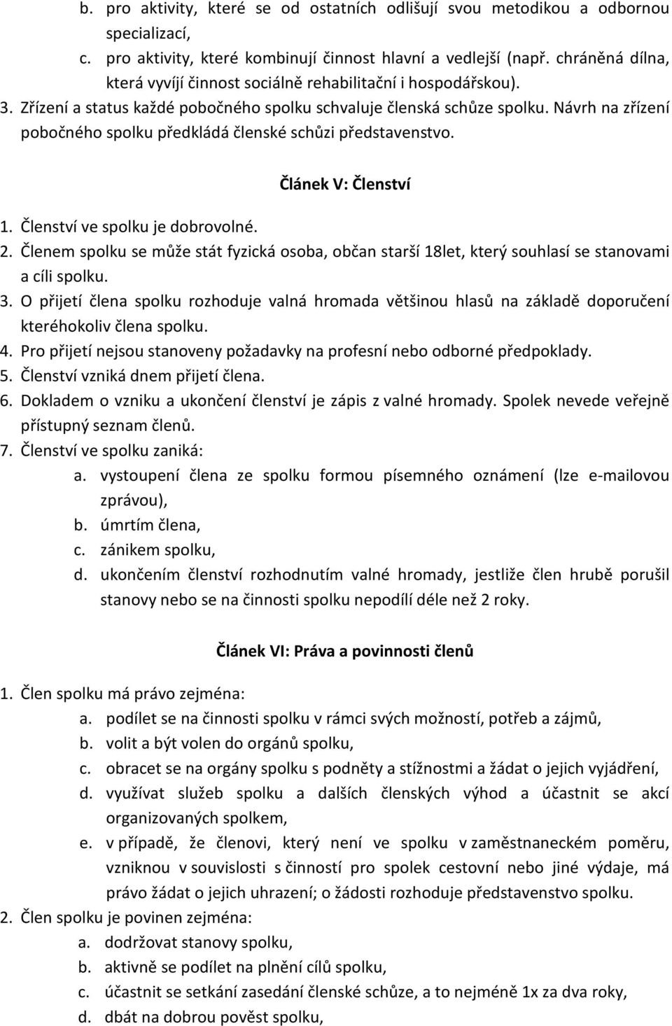 Návrh na zřízení pobočného spolku předkládá členské schůzi představenstvo. Článek V: Členství 1. Členství ve spolku je dobrovolné. 2.