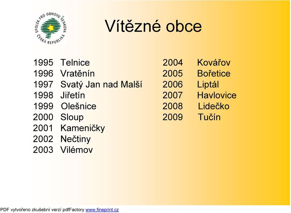 Jiřetín 2007 Havlovice 1999 Olešnice 2008 Lidečko 2000