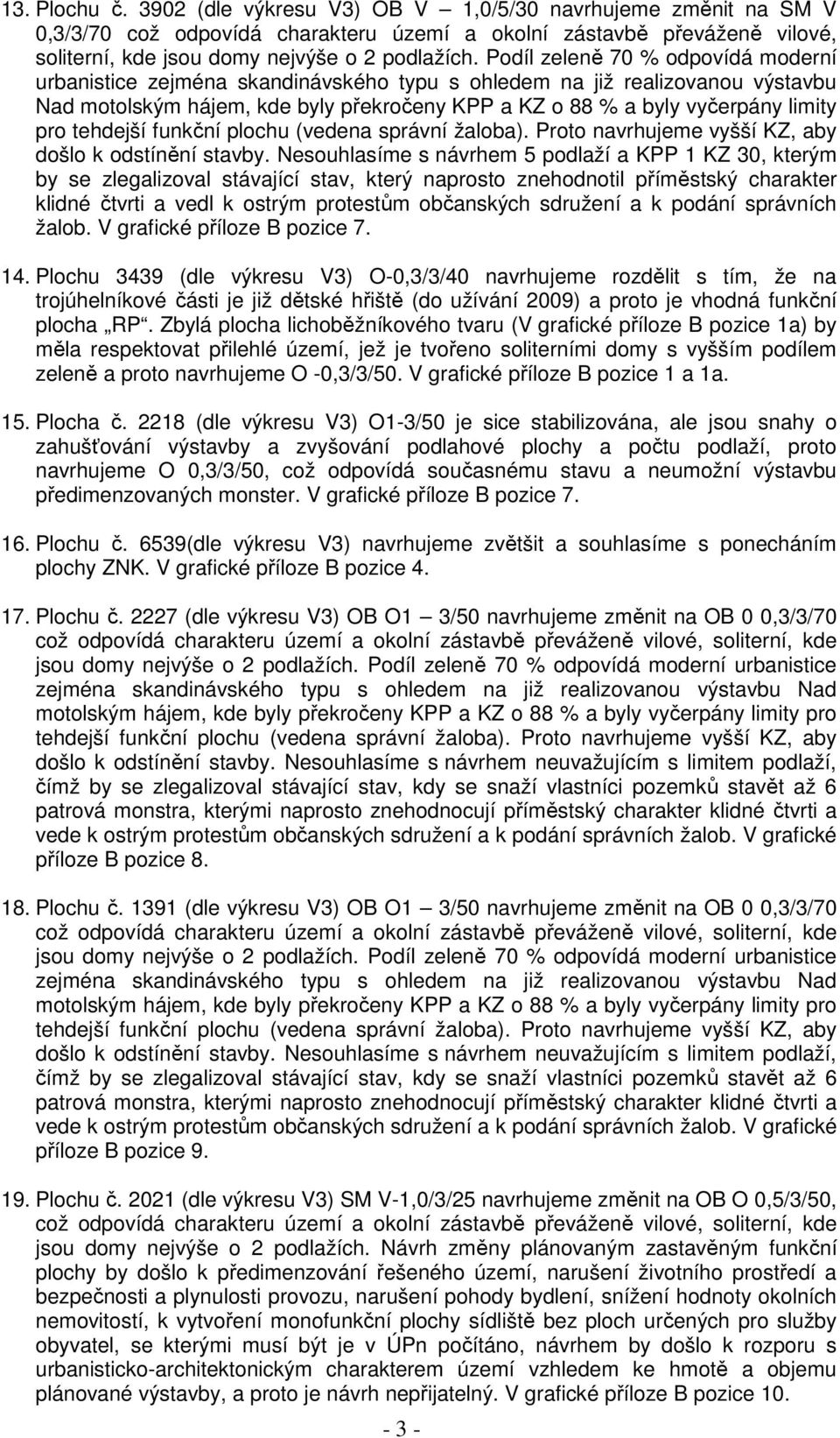 by se zlegalizoval stávající stav, který naprosto znehodnotil příměstský charakter klidné čtvrti a vedl k ostrým protestům občanských sdružení a k podání správních žalob.