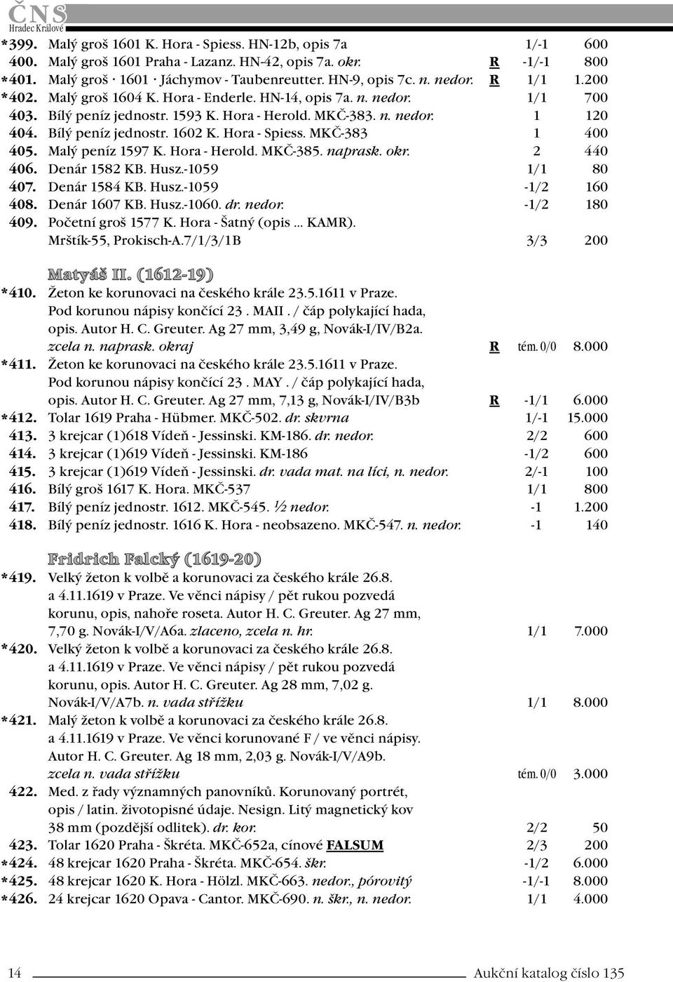 Hora - Spiess. MKČ-383 1 400 405. Malý peníz 1597 K. Hora - Herold. MKČ-385. naprask. okr. 2 440 406. Denár 1582 KB. Husz.-1059 1/1 80 407. Denár 1584 KB. Husz.-1059-1/2 160 408. Denár 1607 KB. Husz.-1060.