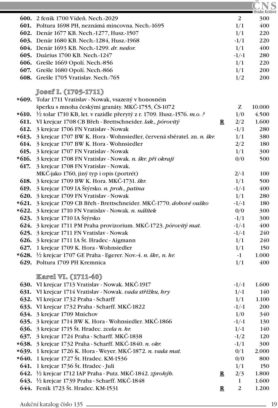 Grešle 1705 Vratislav. Nech.-765 1/2 200 Josef I. (1705-1711) 609. Tolar 1711 Vratislav - Nowak, vsazený v honosném šperku s mnoha českými granáty. MKČ-1755, ČS-1072 Z 10.000 610.