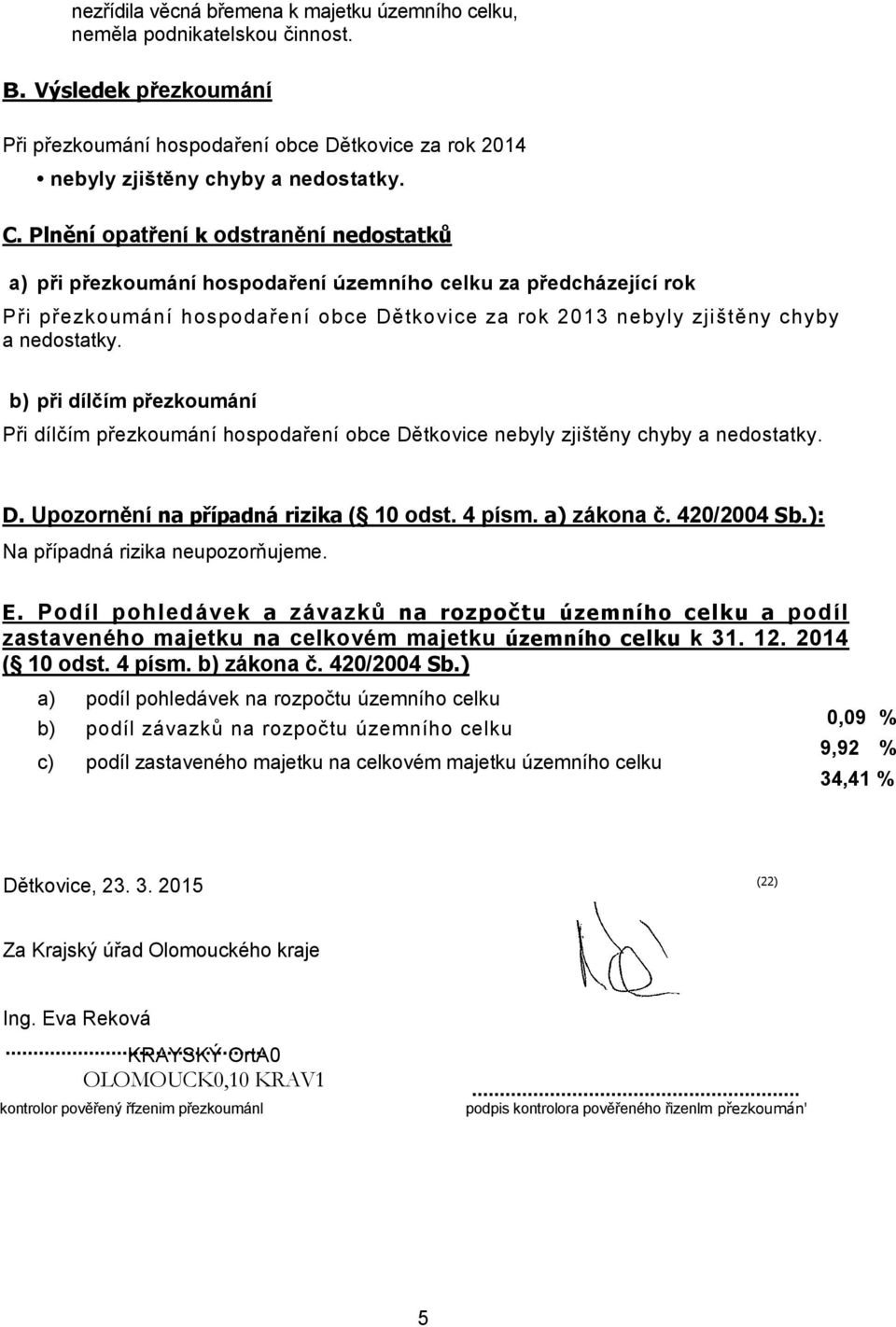 b) při dílčím přezkoumání Při dílčím přezkoumání hospodaření obce Dětkovice nebyly zjištěny chyby a nedostatky. D. Upozornění na případná rizika ( 10 odst. 4 písm. a) zákona č. 420/2004 Sb.