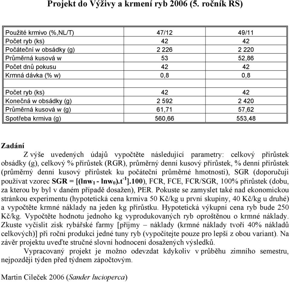 0,8 Počet ryb (ks) 42 42 Konečná w obsádky (g) 2 592 2 420 Průměrná kusová w (g)