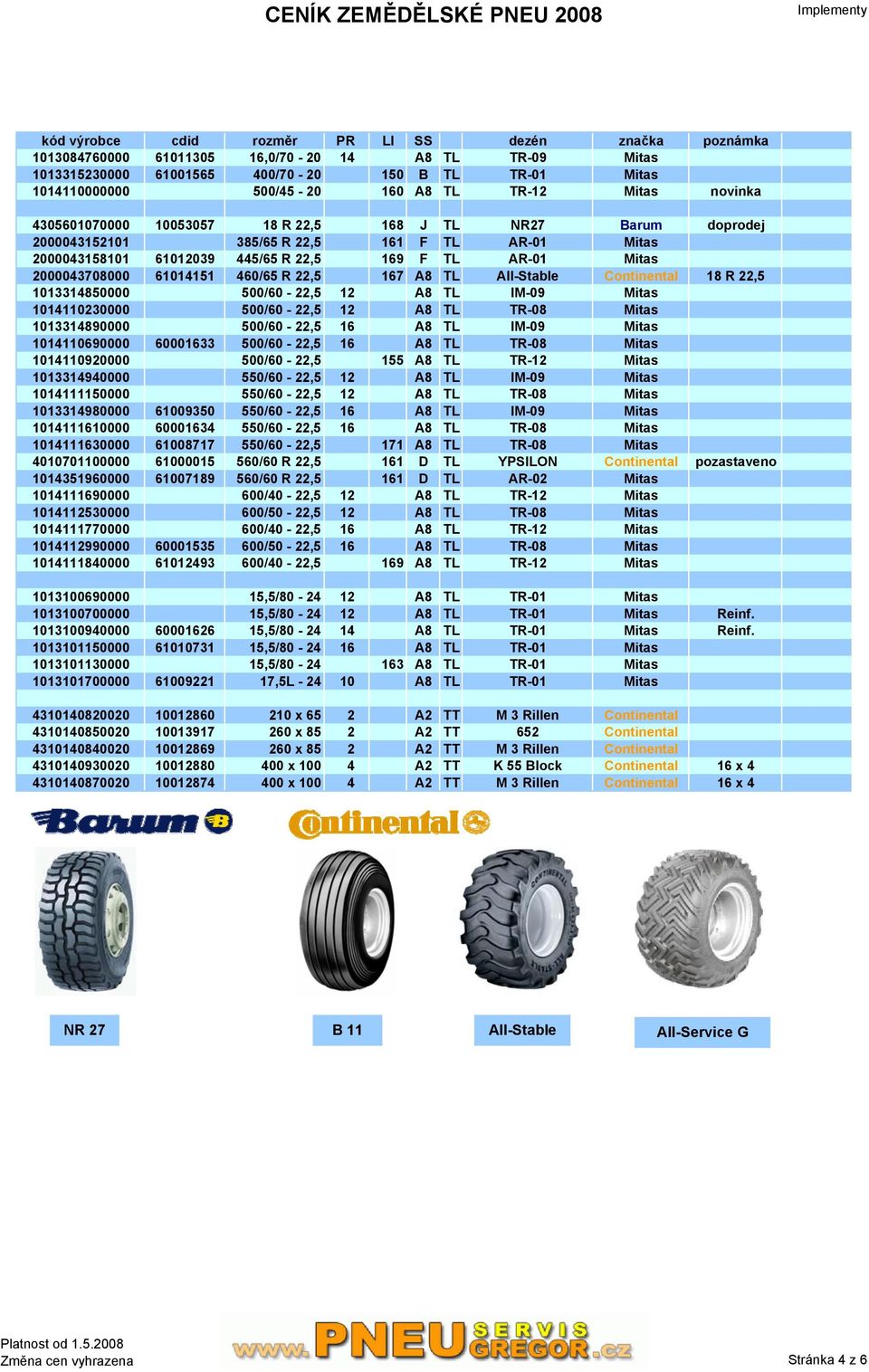 Continental 18 R 22,5 1013314850000 500/60-22,5 12 A8 TL IM-09 Mitas 1014110230000 500/60-22,5 12 A8 TL TR-08 Mitas 1013314890000 500/60-22,5 16 A8 TL IM-09 Mitas 1014110690000 60001633 500/60-22,5