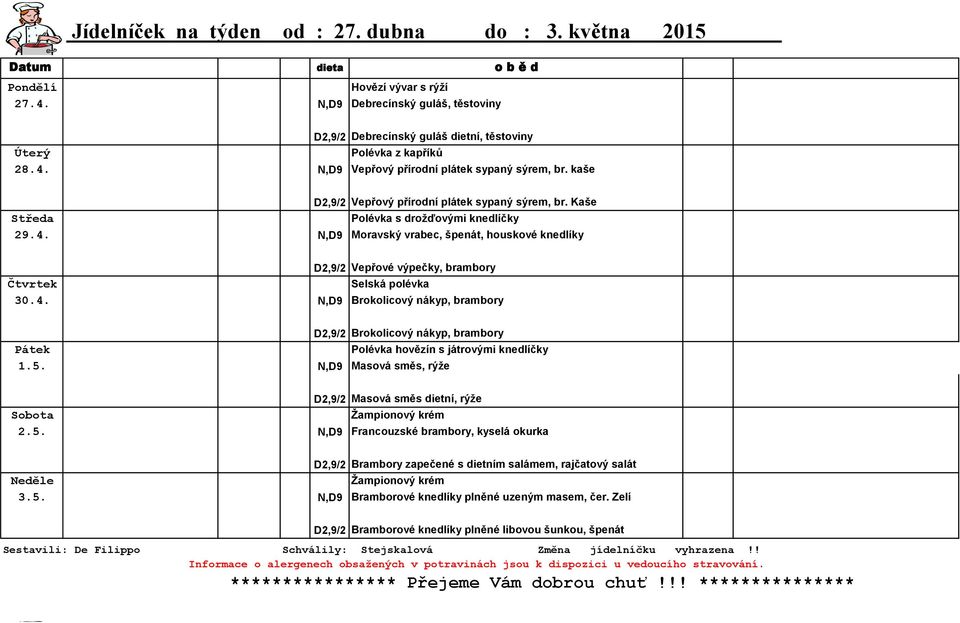 kaše D2,9/2 Vepřový přírodní plátek sypaný sýrem, br. Kaše Středa Polévka s drožďovými knedlíčky 29.4.