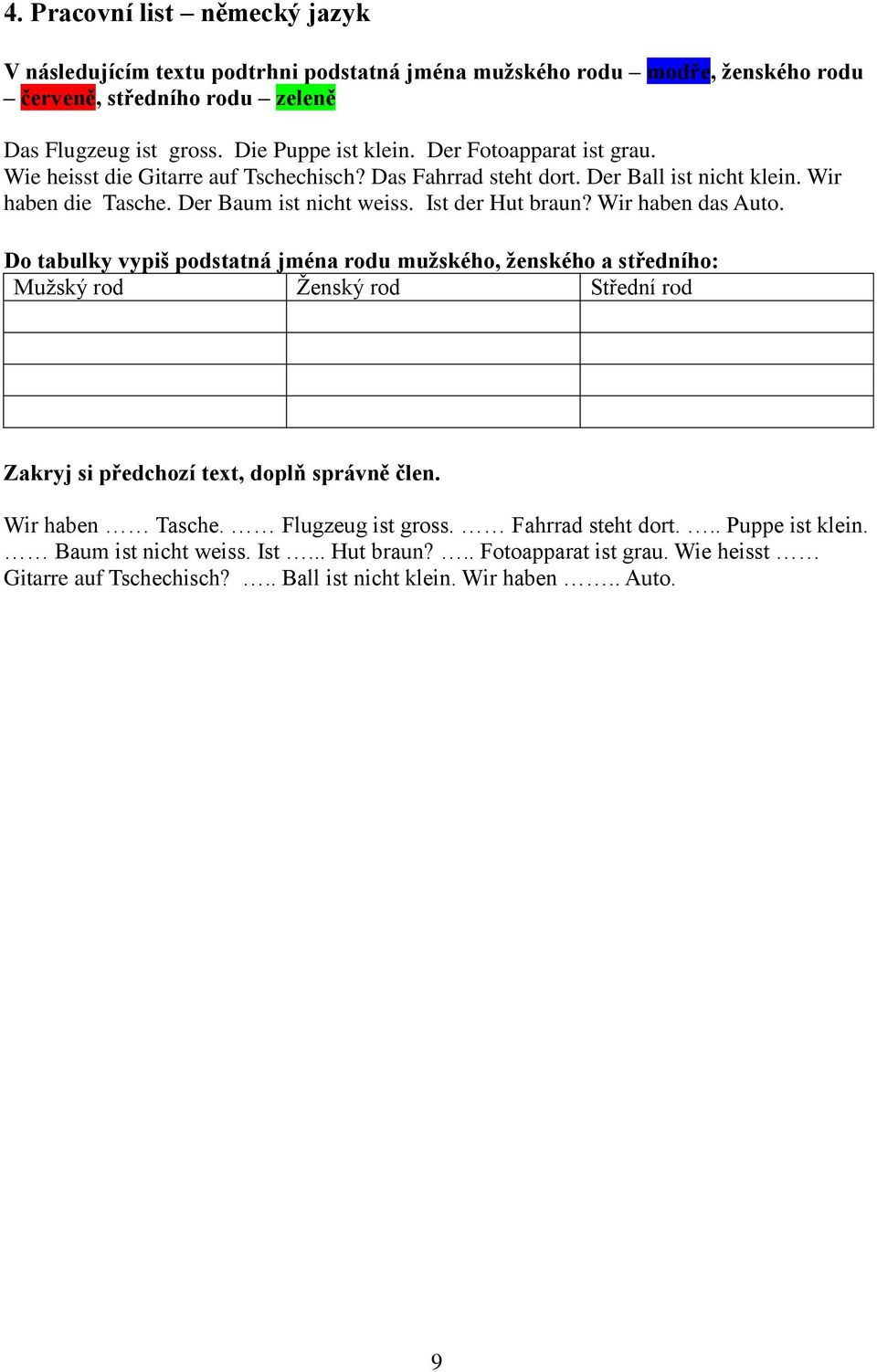 Wir haben das Auto. Do tabulky vypiš podstatná jména rodu mužského, ženského a středního: Mužský rod Ženský rod Střední rod Zakryj si předchozí text, doplň správně člen. Wir haben Tasche.