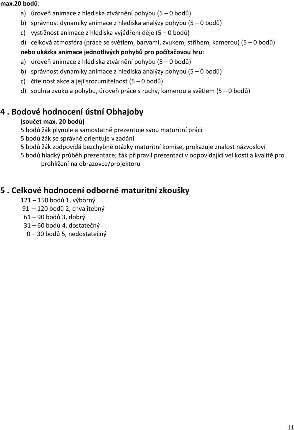 bodů) b) správnost dynamiky animace z hlediska analýzy pohybu (5 0 bodů) c) čitelnost akce a její srozumitelnost (5 0 bodů) d) souhra zvuku a pohybu, úroveň práce s ruchy, kamerou a světlem (5 0