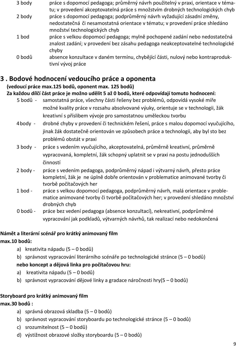 pochopené zadání nebo nedostatečná znalost zadání; v provedení bez zásahu pedagoga neakceptovatelné technologické chyby 0 bodů absence konzultace v daném termínu, chybějící části, nulový nebo