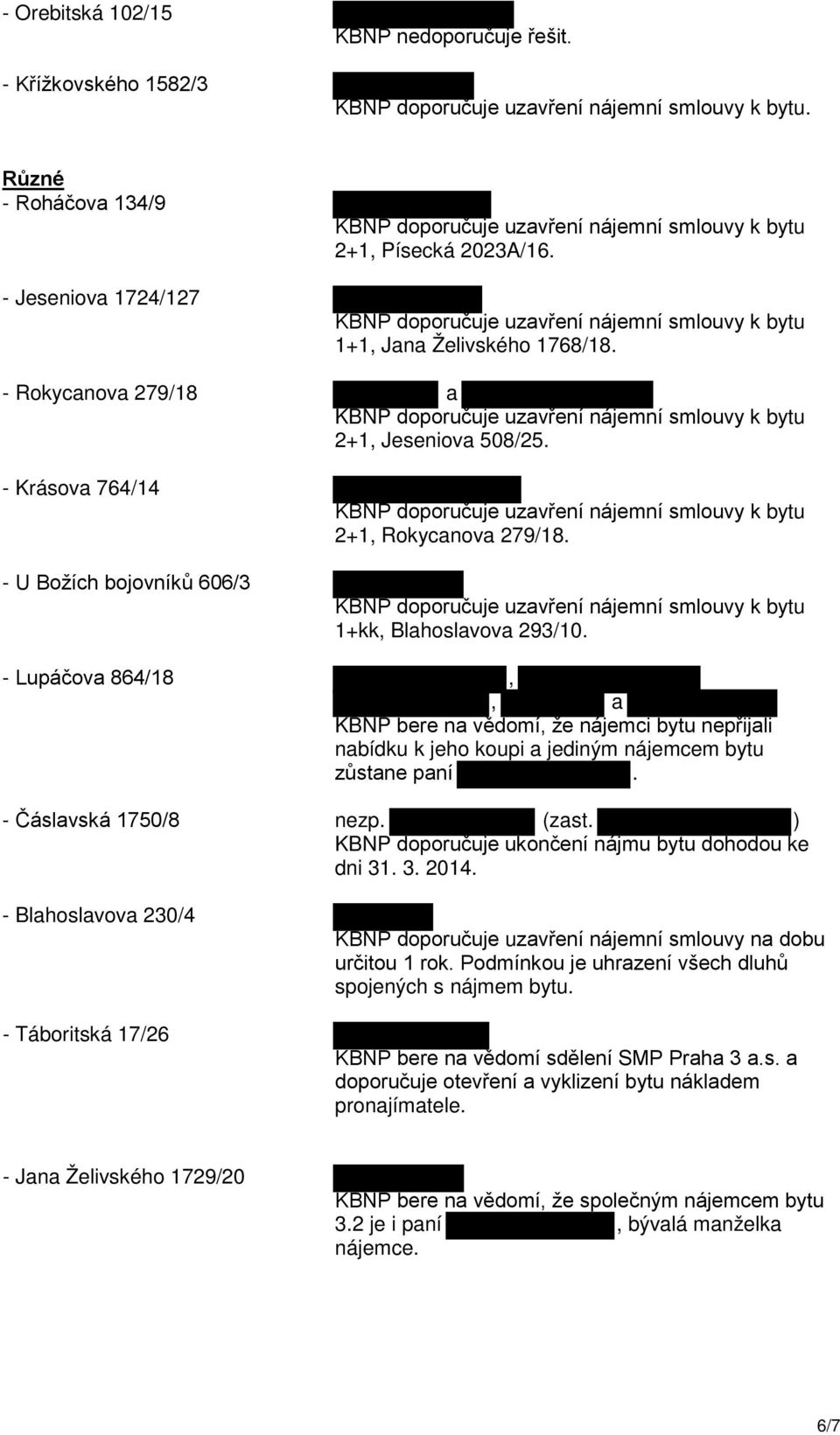 - Lupáčova 864/18,, a KBNP bere na vědomí, že nájemci bytu nepřijali nabídku k jeho koupi a jediným nájemcem bytu zůstane paní. - Čáslavská 1750/8 nezp. (zast.