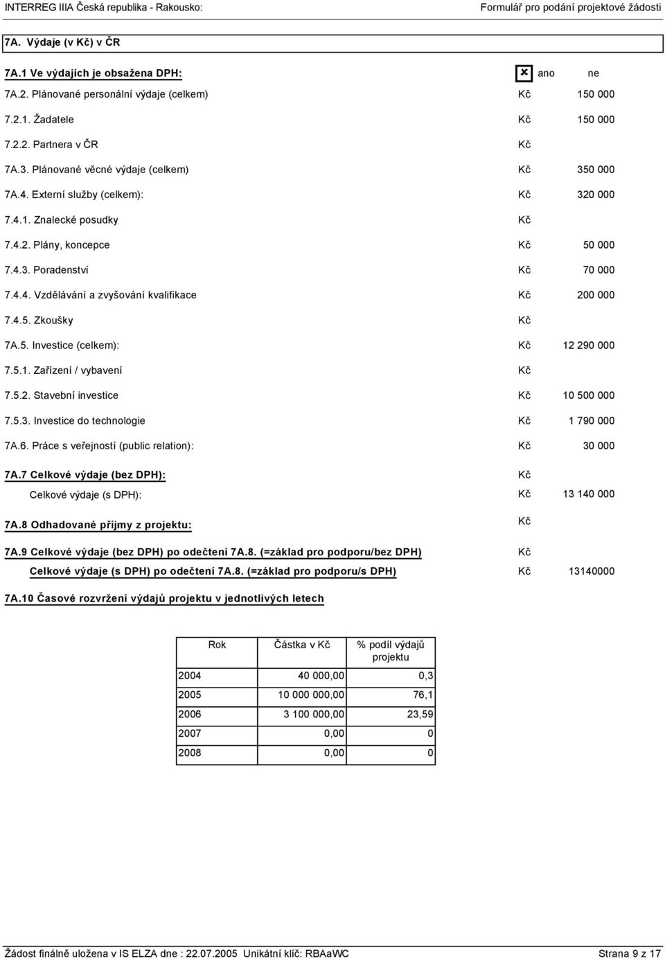 5.2. Stavební investice 1 5 7.5.3. Investice do technologie 1 79 7A.6. Práce s veřejností (public relation): 3 7A.7 Celkové výdaje (bez DPH): Celkové výdaje (s DPH): 13 14 7A.