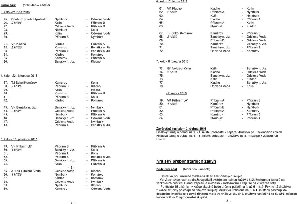 kolo - 22. listopadu 2015 37. TJ Sokol Komárov Komárov - Kolín 38. 2 hřiště Příbram B - Kladno 39. Kolín - Kladno 40. Komárov - Příbram B 41. Příbram B - Kolín 42. Kladno - Komárov 43. VK Benátky n.