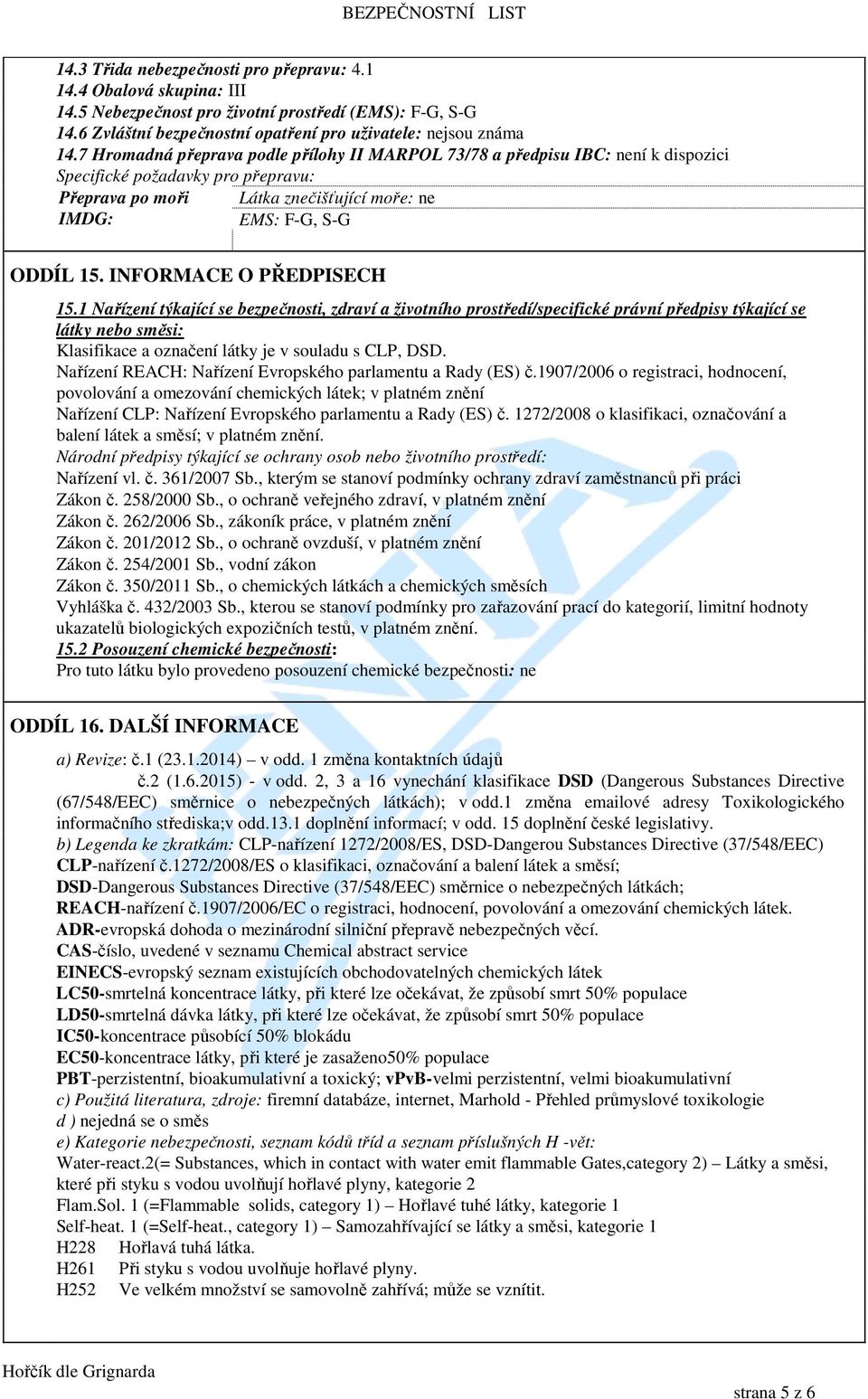 INFORMACE O PŘEDPISECH 15.