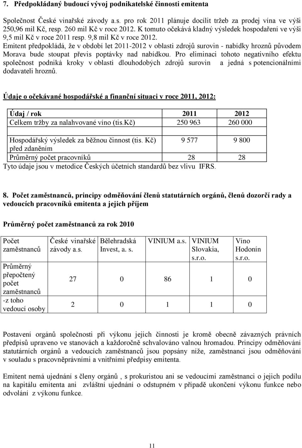Emitent předpokládá, ţe v období let 2011-2012 v oblasti zdrojů surovin - nabídky hroznů původem Morava bude stoupat převis poptávky nad nabídkou.