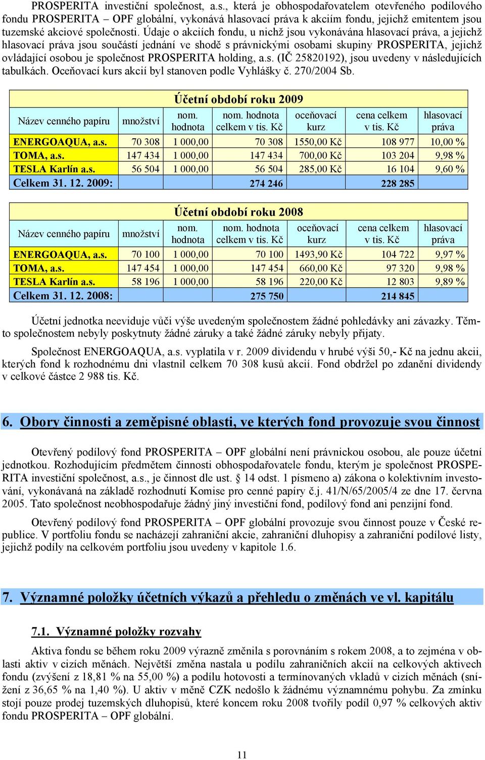 společnost PROSPERITA holding, a.s. (IČ 25820192), jsou uvedeny v následujících tabulkách. Oceňovací kurs akcií byl stanoven podle Vyhlášky č. 270/2004 Sb.