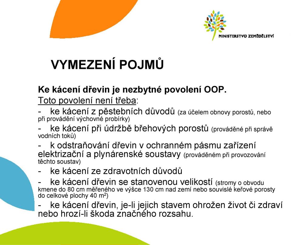 (prováděné při správě vodních toků) - k odstraňování dřevin v ochranném pásmu zařízení elektrizační a plynárenské soustavy (prováděném při provozování těchto soustav) - ke