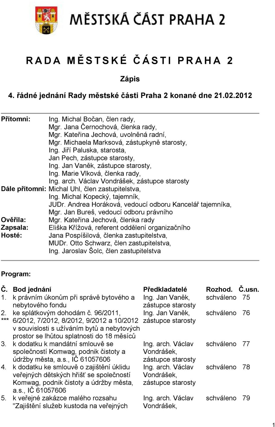 Marie Vlková, členka rady, Ing. arch. Václav Vondrášek, zástupce starosty Dále přítomni: Michal Uhl, člen zastupitelstva, Ing. Michal Kopecký, tajemník, JUDr.