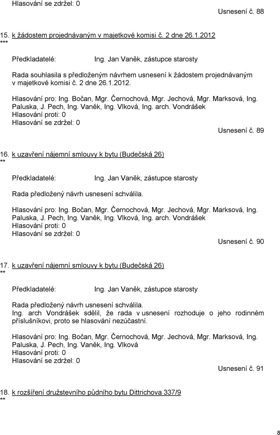 Jechová, Mgr. Marksová, Ing. Paluska, J. Pech, Ing. Vaněk, Ing. Vlková, Ing. arch. Vondrášek Hlasování proti: 0 Hlasování se zdržel: 0 Usnesení č. 89 16.