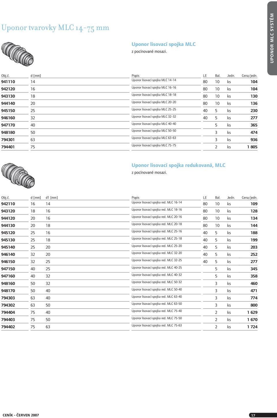 spojka MLC 20-20 80 10 ks 136 945150 25 Uponor lisovací spojka MLC 25-25 40 5 ks 230 946160 32 Uponor lisovací spojka MLC 32-32 40 5 ks 277 947170 40 Uponor lisovací spojka MLC 40-40 5 ks 365 948180