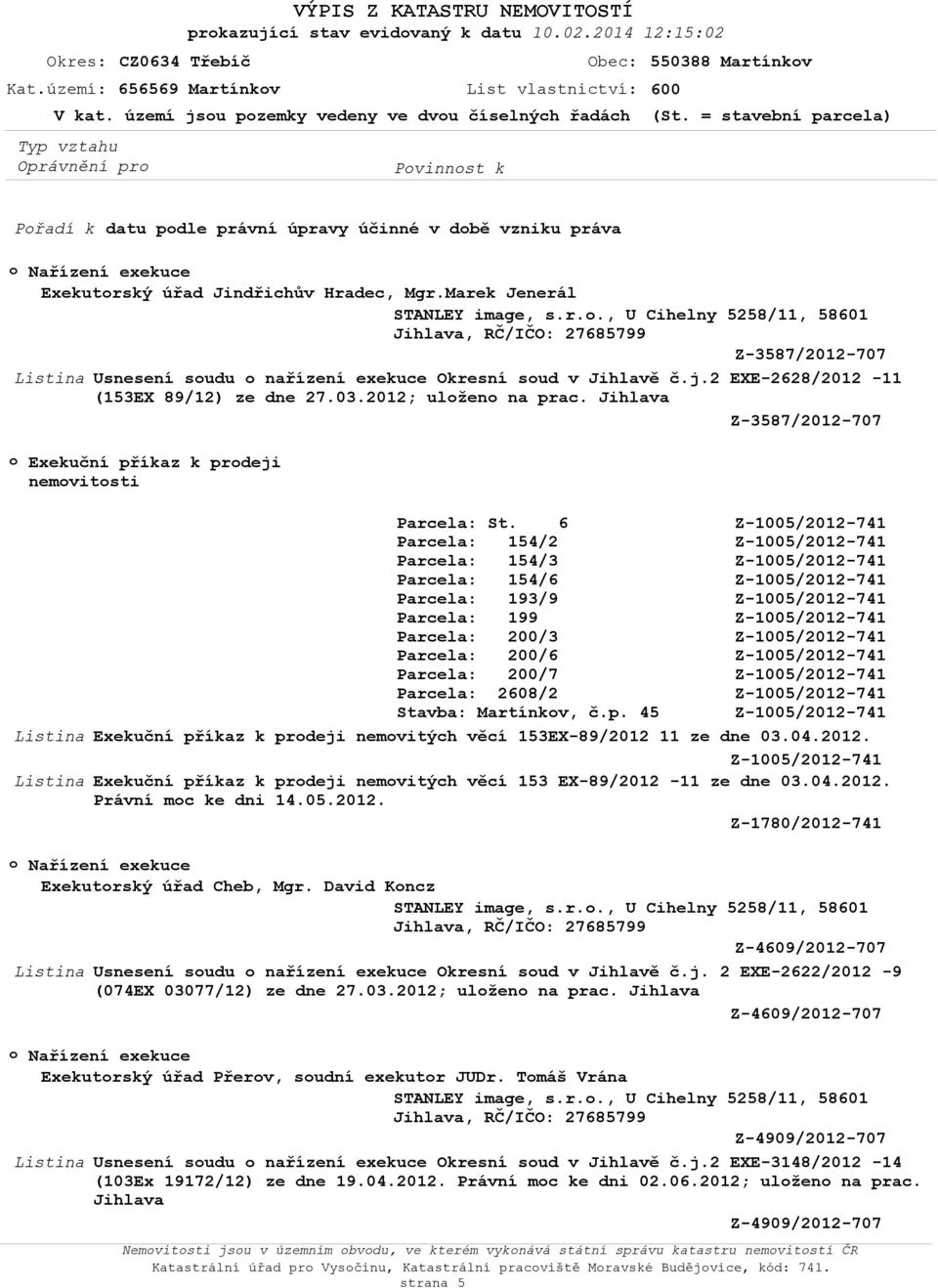 j.2 EXE-2628/2012-11 (153EX 89/12) ze dne 27.03.2012; ulžen na prac. Jihlava Z-3587/2012-707 Exekuční příkaz k prdeji nemvitsti Stavba: Martínkv, č.p. 45 Exekuční příkaz k prdeji nemvitých věcí 153EX-89/2012 11 ze dne 03.