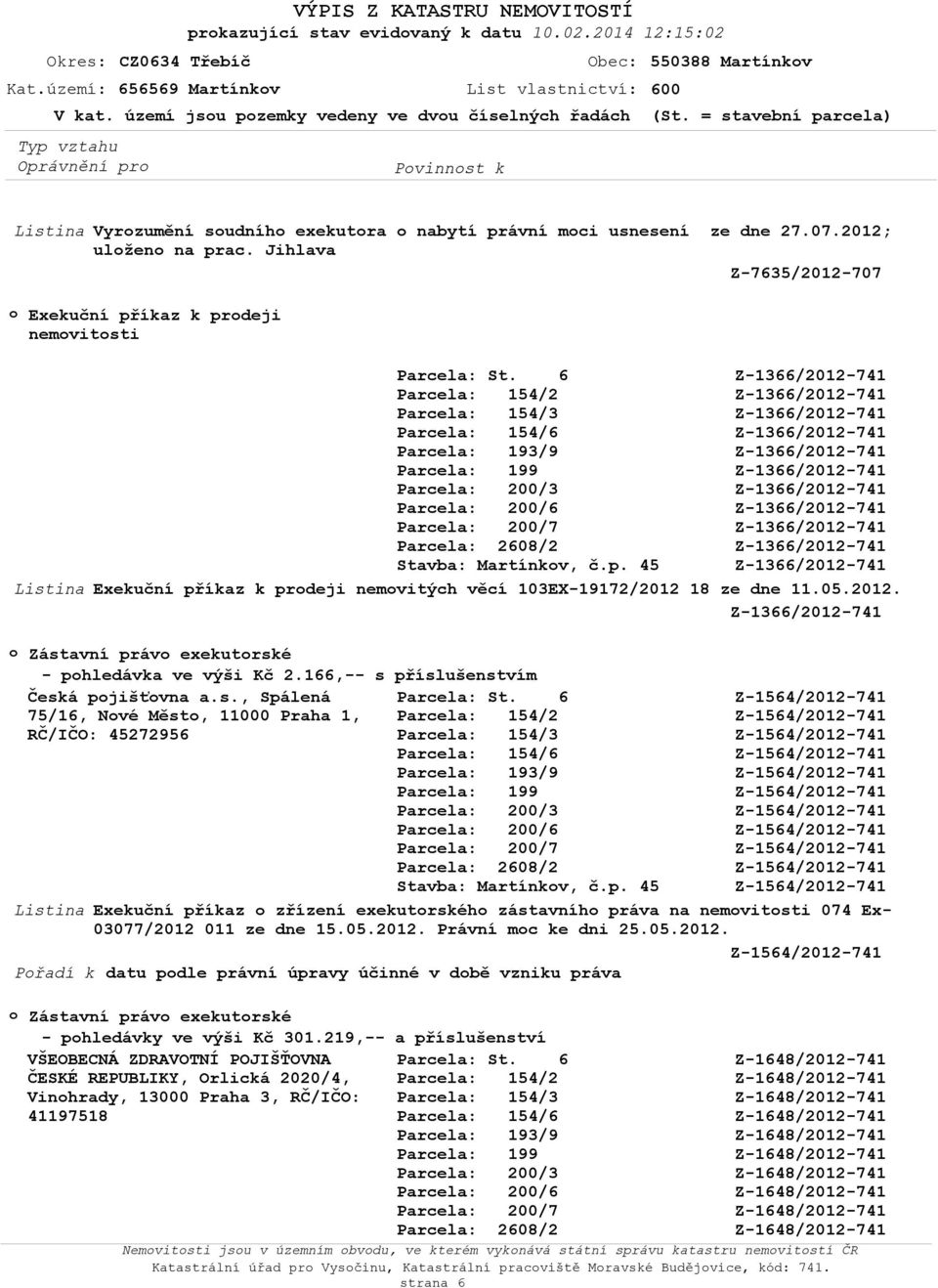 05.2012. Zástavní práv exekutrské - phledávka ve výši Kč 2.166,-- s příslušenstvím Česká pjišťvna a.s., Spálená 75/16, Nvé Měst, 11000 Praha 1, RČ/IČO: 45272956 Stavba: Martínkv, č.p. 45 Exekuční příkaz zřízení exekutrskéh zástavníh práva na nemvitsti 074 Ex- 03077/2012 011 ze dne 15.