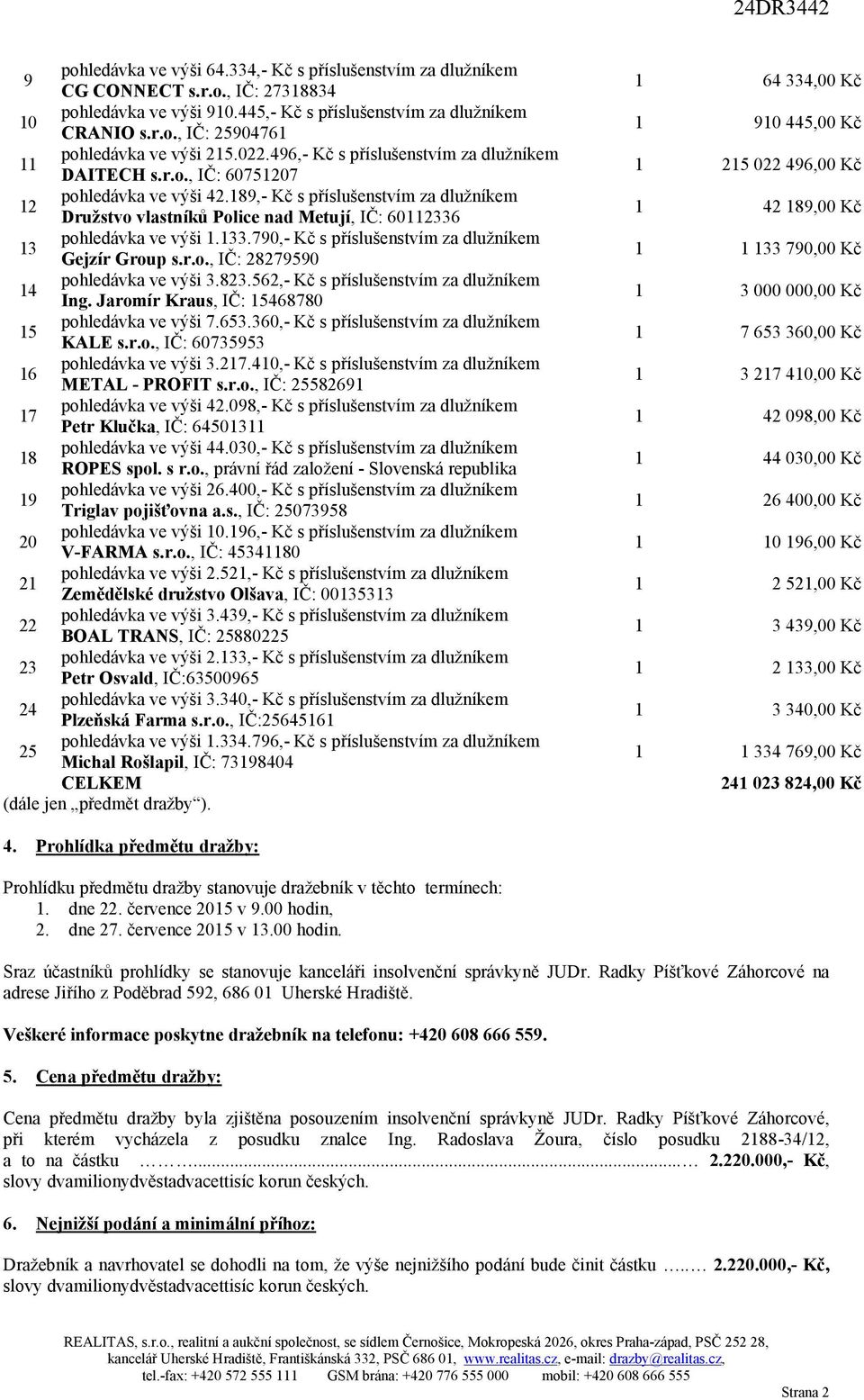 189,- Kč s příslušenstvím za dlužníkem Družstvo vlastníků Police nad Metují, IČ: 60112336 13 pohledávka ve výši 1.133.790,- Kč s příslušenstvím za dlužníkem Gejzír Group s.r.o., IČ: 28279590 14 pohledávka ve výši 3.