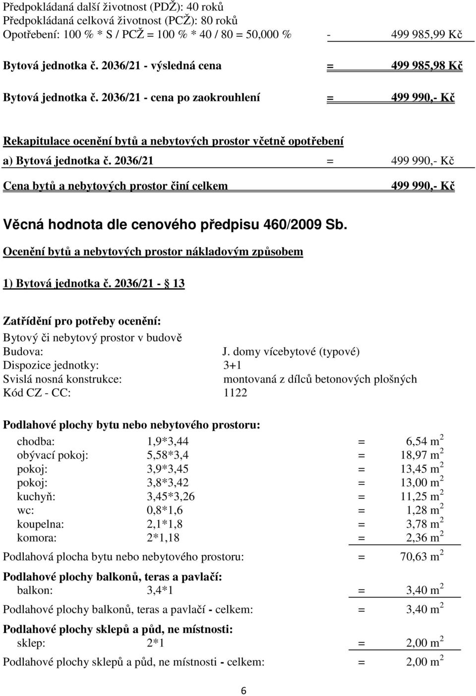 2036/21 = 499 990,- Kč Cena bytů a nebytových prostor činí celkem 499 990,- Kč Věcná hodnota dle cenového předpisu 460/2009 Sb.