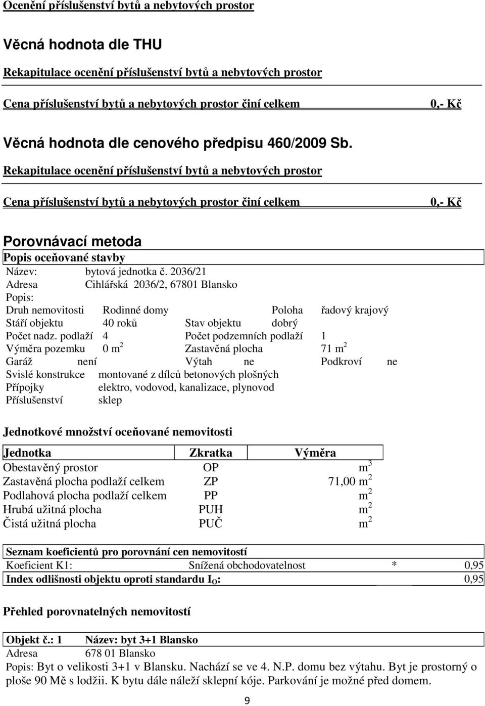 Rekapitulace ocenění příslušenství bytů a nebytových prostor Cena příslušenství bytů a nebytových prostor činí celkem 0,- Kč Porovnávací metoda Popis oceňované stavby Název: bytová jednotka č.