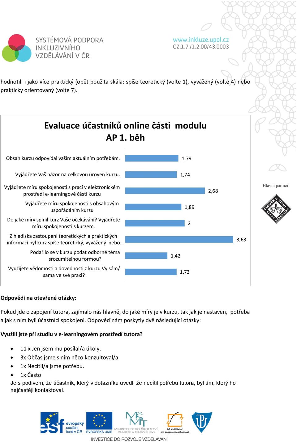 1,74 Vyjádřete míru spokojenosti s prací v elektronickém prostředí e learningové části kurzu 2,68 Vyjádřete míru spokojenosti s obsahovým uspořádáním kurzu Do jaké míry splnil kurz Vaše očekávání?