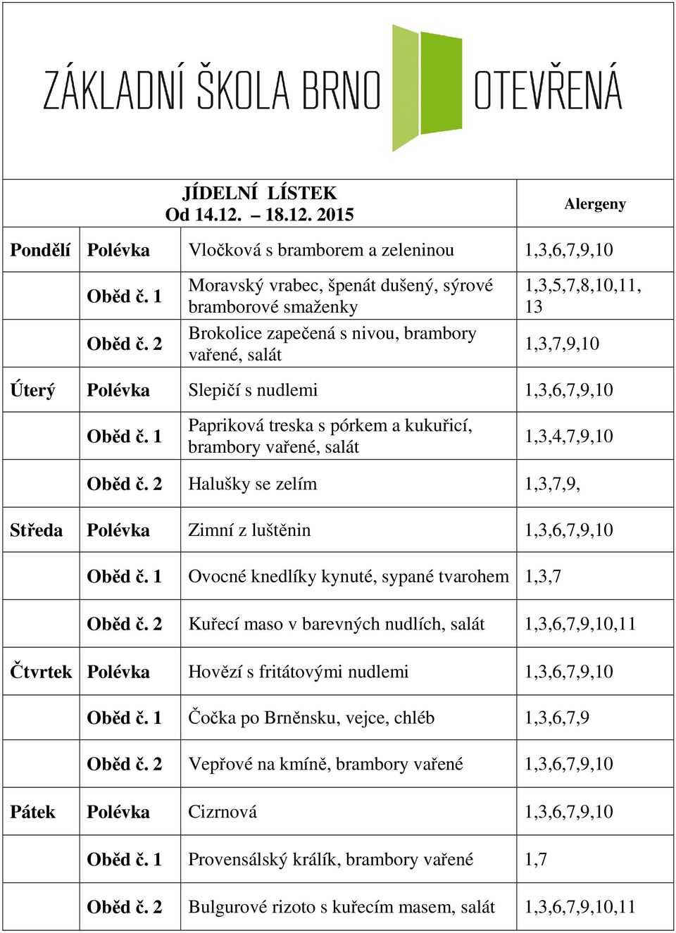 2015 Pondělí Vločková s bramborem a zeleninou 1,3,6,7,9,10 Moravský vrabec, špenát dušený, sýrové bramborové smaženky Brokolice zapečená s nivou, brambory vařené, salát 1,3,5,7,8,10,11, 13