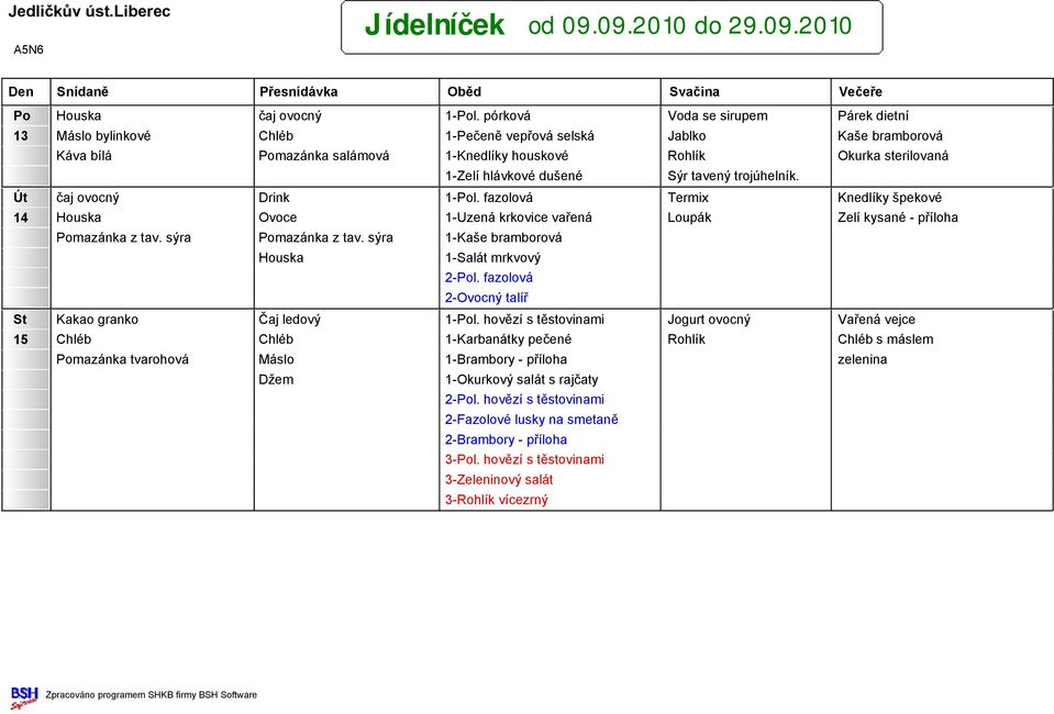 dušené Sýr tavený trojúhelník. Út čaj ovocný Drink 1-Pol. fazolová Termix Knedlíky špekové 14 Houska Ovoce 1-Uzená krkovice vařená Loupák Zelí kysané - příloha Pomazánka z tav. sýra Pomazánka z tav.