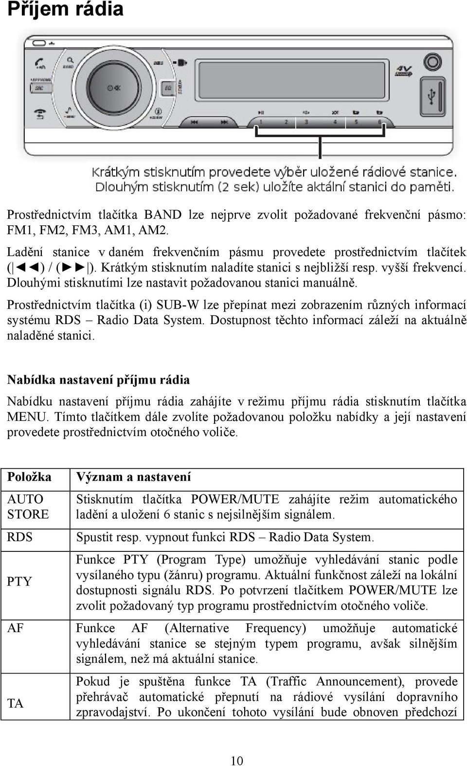 Dlouhými stisknutími lze nastavit požadovanou stanici manuálně. Prostřednictvím tlačítka (i) SUB-W lze přepínat mezi zobrazením různých informací systému RDS Radio Data System.