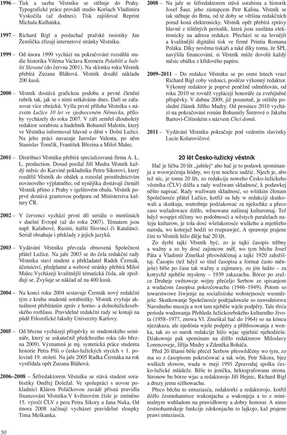 1999 Od února 1999 vychází na pokračování rozsáhlá studie historika Viléma Václava Kremera Polabští a baltští Slované (do června 2001). Na sklonku roku Věstník přebírá Zuzana Bláhová.
