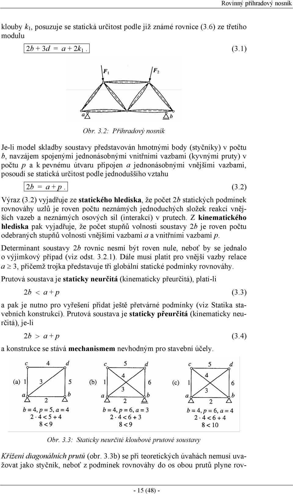 : Příhradový nosník Je-li model skladby soustavy představován hmotnými body (styčníky) v počtu b, navzájem spojenými jednonásobnými vnitřními vazbami (kyvnými pruty) v počtu p a k pevnému útvaru
