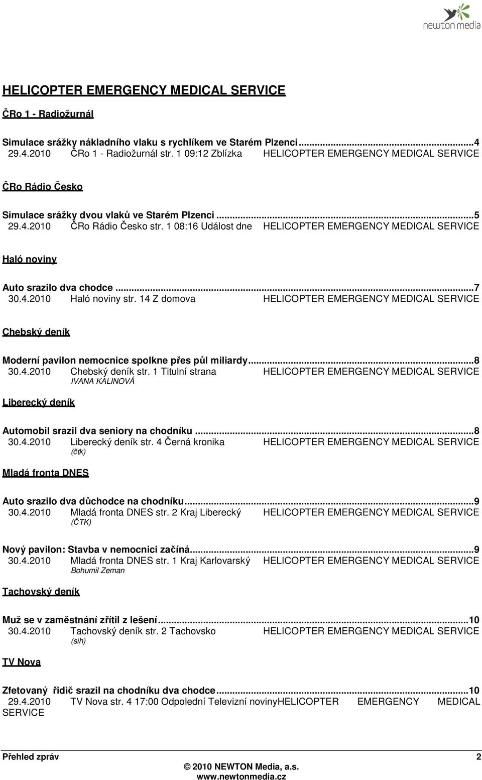 1 08:16 Událost dne HELICOPTER EMERGENCY MEDICAL SERVICE Haló noviny Auto srazilo dva chodce... 7 30.4.2010 Haló noviny str.