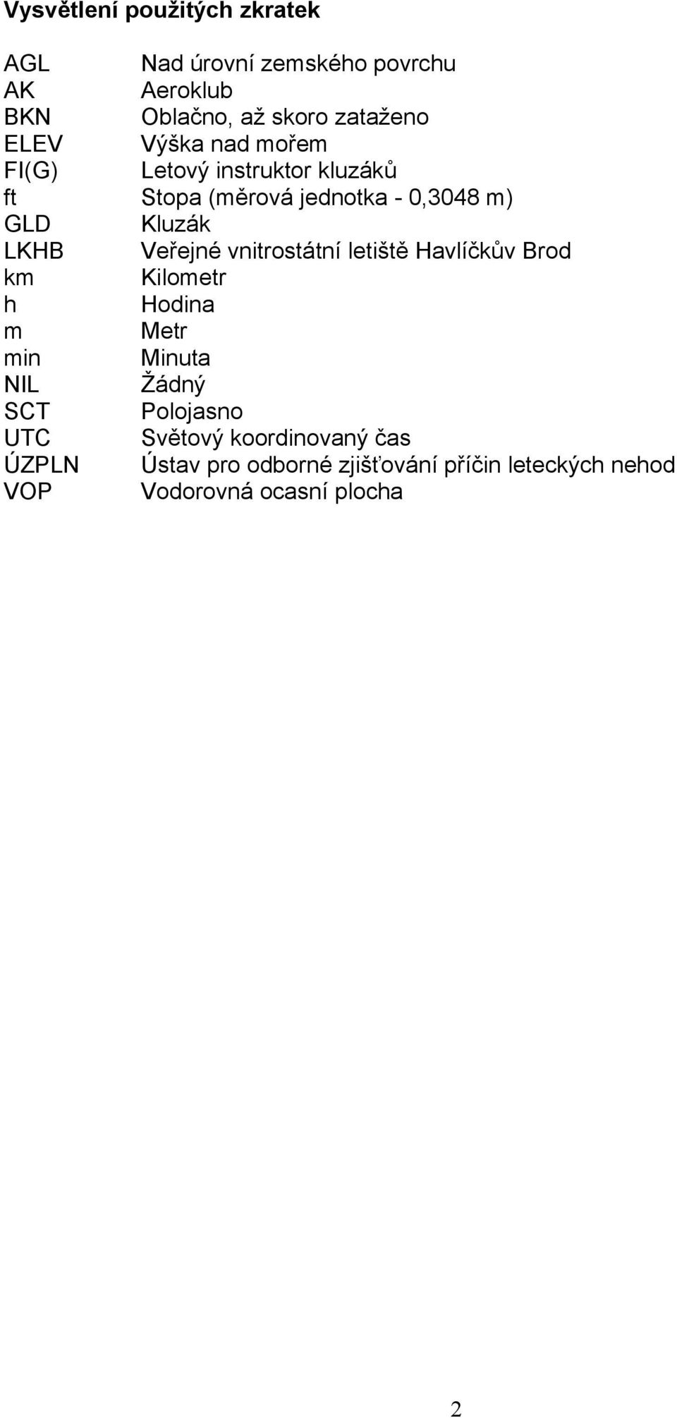 jednotka - 0,3048 m) Kluzák Veřejné vnitrostátní letiště Havlíčkův Brod Kilometr Hodina Metr Minuta Žádný