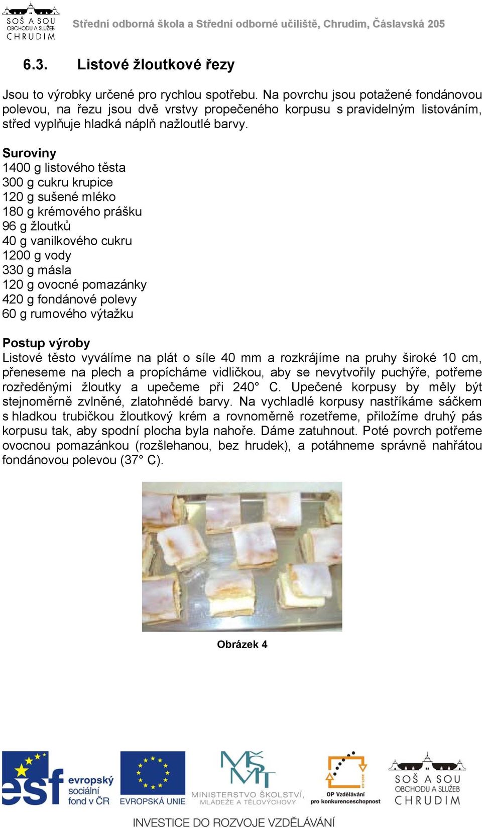Suroviny 1400 g listového těsta 300 g cukru krupice 120 g sušené mléko 180 g krémového prášku 96 g žloutků 40 g vanilkového cukru 1200 g vody 330 g másla 120 g ovocné pomazánky 420 g fondánové polevy