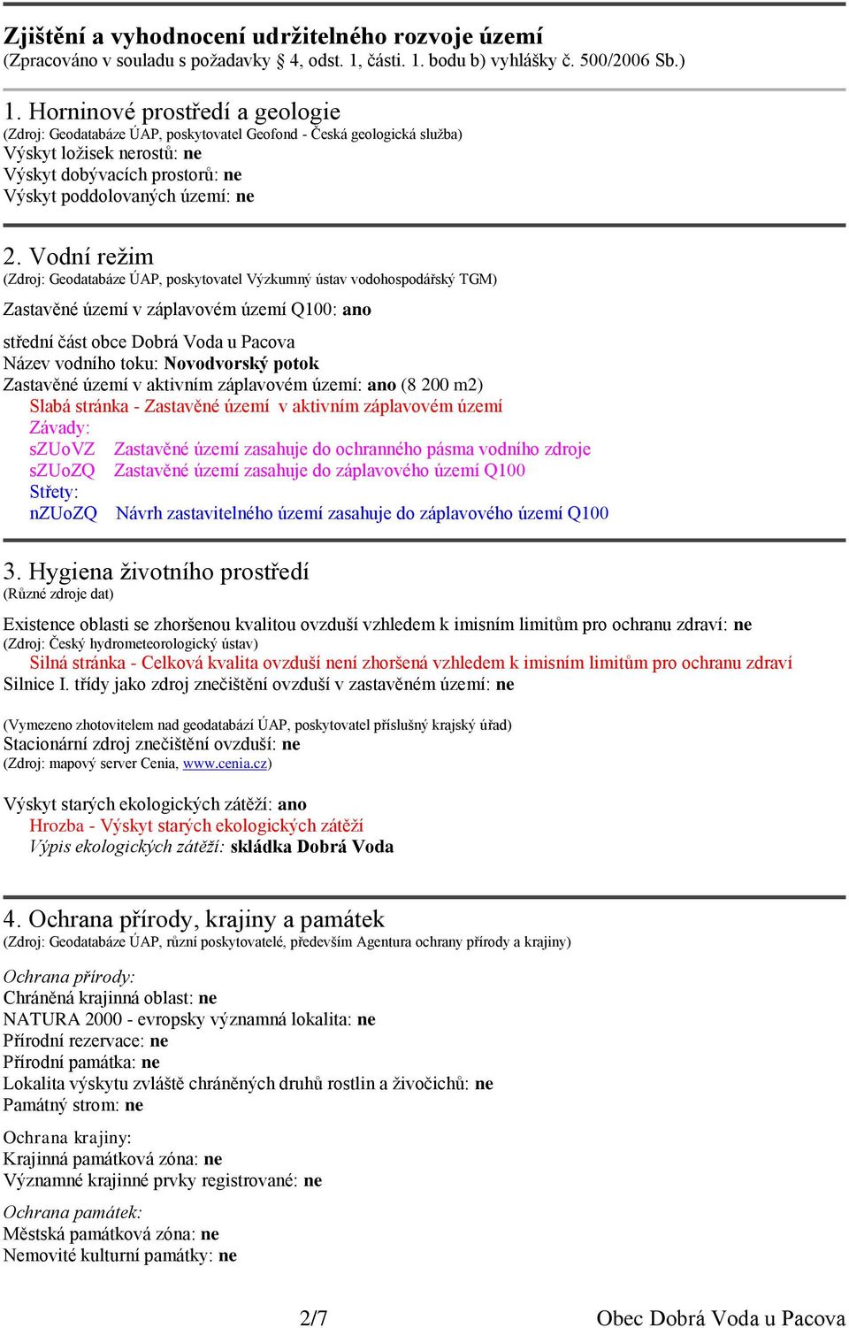 Vodní režim (Zdroj: Geodatabáze ÚAP, poskytovatel Výzkumný ústav vodohospodářský TGM) Zastavěné území v záplavovém území Q100: ano střední část obce Dobrá Voda u Pacova Název vodního toku: