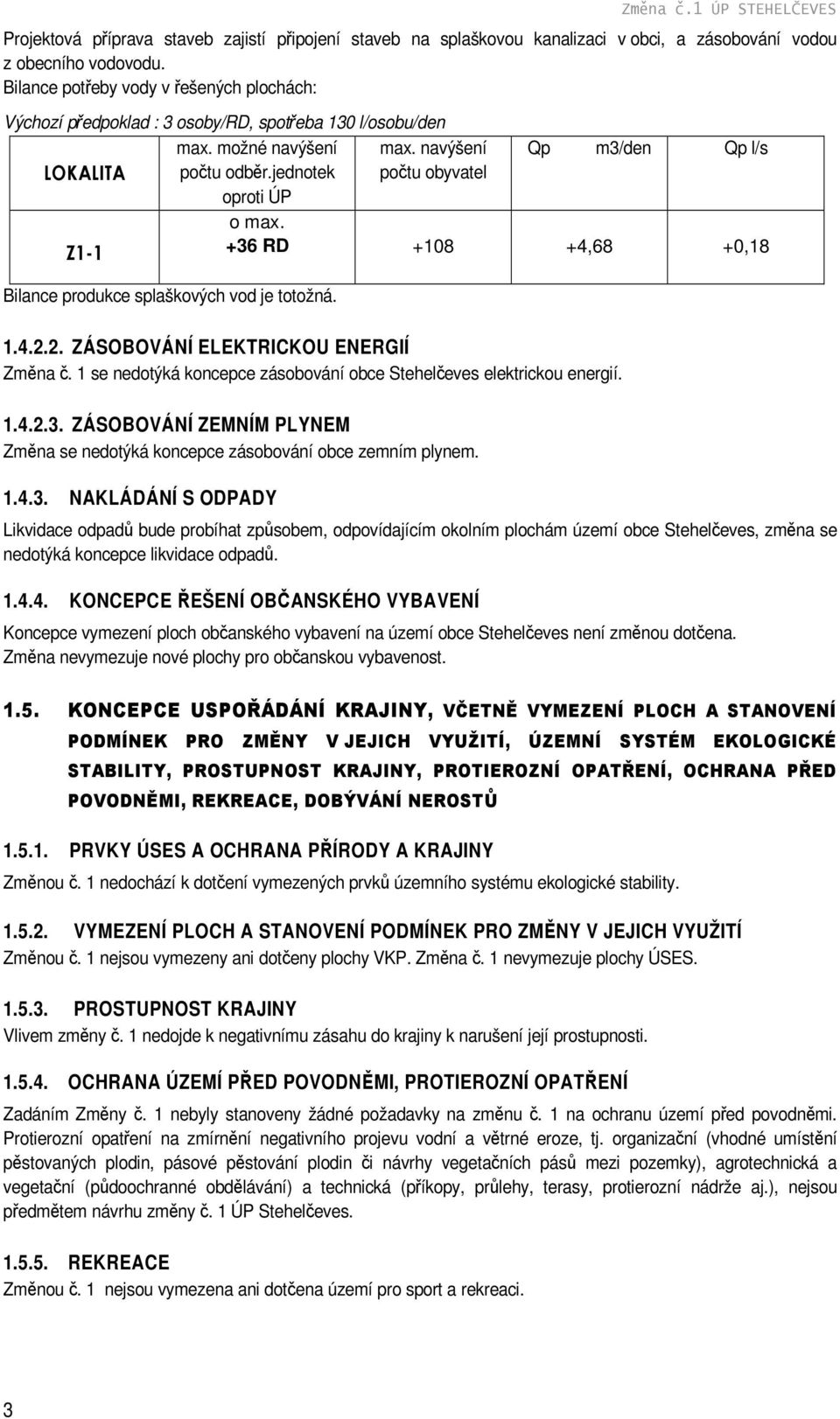 jednotek oproti ÚP počtu obyvatel Z1-1 o max. +36 RD +108 +4,68 +0,18 Bilance produkce splaškových vod je totožná. 1.4.2.2. ZÁSOBOVÁNÍ ELEKTRICKOU ENERGIÍ Změna č.