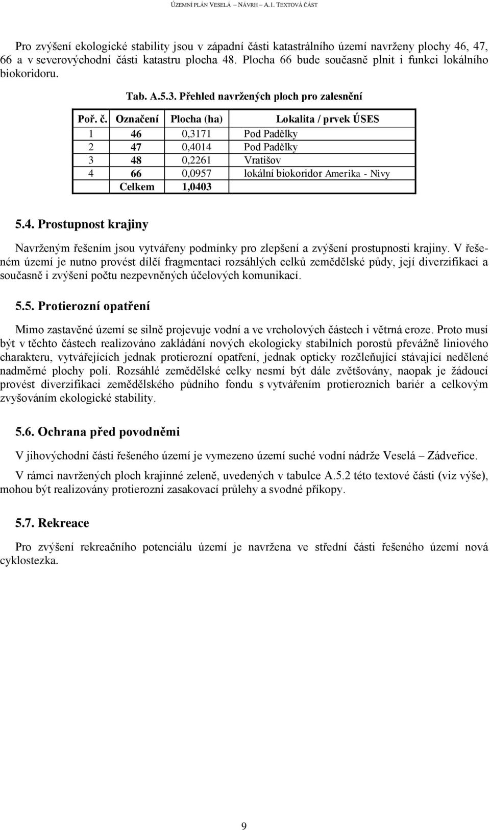 Označení Plocha (ha) Lokalita / prvek ÚSES 1 46 0,3171 Pod Padělky 2 47 0,4014 Pod Padělky 3 48 0,2261 Vratišov 4 66 0,0957 lokální biokoridor Amerika - Nivy Celkem 1,0403 5.4. Prostupnost krajiny Navrženým řešením jsou vytvářeny podmínky pro zlepšení a zvýšení prostupnosti krajiny.