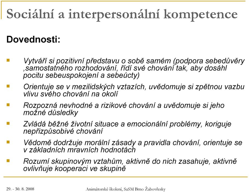 rizikové chování a uvědomuje si jeho možné důsledky Zvládá běžné životní situace a emocionální problémy, koriguje nepřizpůsobivé chování Vědomě dodržuje morální