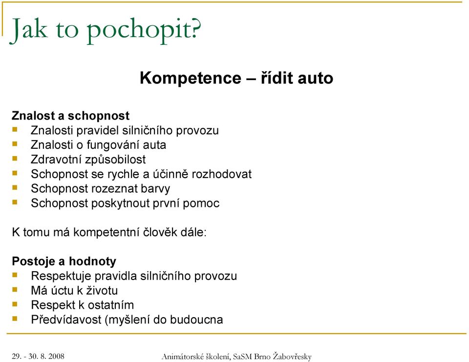 auta Zdravotní způsobilost Schopnost se rychle a účinně rozhodovat Schopnost rozeznat barvy