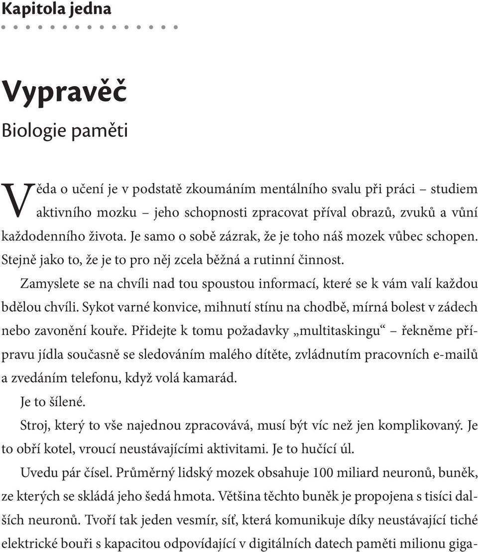 Zamyslete se na chvíli nad tou spoustou informací, které se k vám valí každou bdělou chvíli. Sykot varné konvice, mihnutí stínu na chodbě, mírná bolest v zádech nebo zavonění kouře.