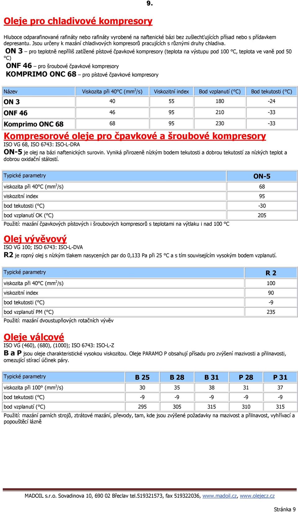 ON 3 pro teplotně nepříliš zatížené pístové čpavkové kompresory (teplota na výstupu pod 100 C, teplota ve vaně pod 50 C) ONF 46 pro šroubové čpavkové kompresory KOMPRIMO ONC 68 pro pístové čpavkové