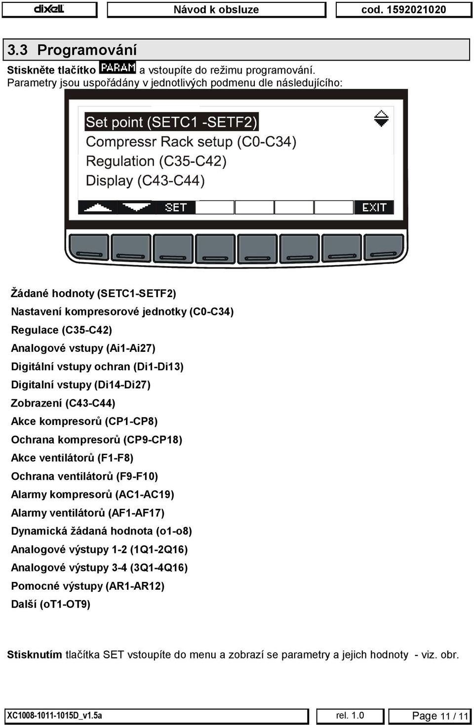 vstupy ochran (Di1-Di13) Digitalní vstupy (Di14-Di27) Zobrazení (C43-C44) Akce kompresorů (CP1-CP8) Ochrana kompresorů (CP9-CP18) Akce ventilátorů (F1-F8) Ochrana ventilátorů (F9-F10) Alarmy