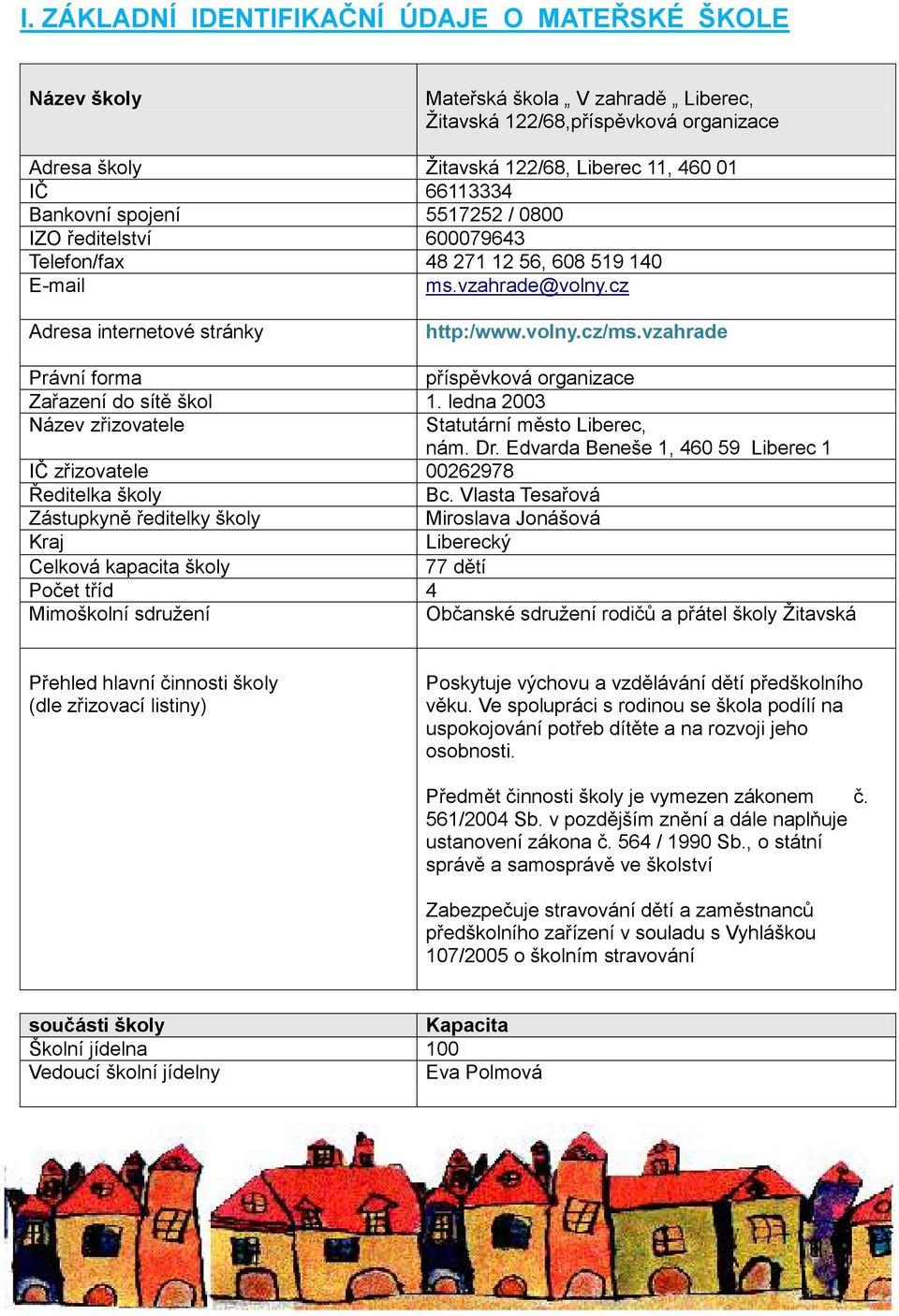 vzahrade Právní forma příspěvková organizace Zařazení do sítě škol 1. ledna 2003 Název zřizovatele Statutární město Liberec, nám. Dr.