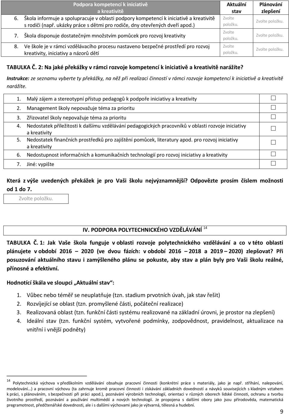 Ve škole je v rámci vzdělávacího procesu naeno bezpečné prostředí pro rozvoj kreativity, iniciativy a názorů dětí TABULKA Č.