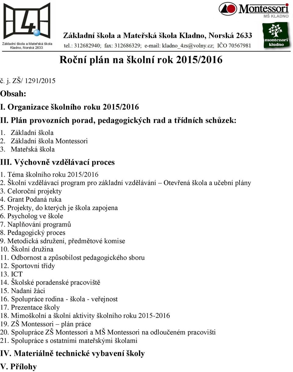 Celoroční projekty 4. Grant Podaná ruka 5. Projekty, do kterých je škola zapojena 6. Psycholog ve škole 7. Naplňování programů 8. Pedagogický proces 9. Metodická sdružení, předmětové komise 10.